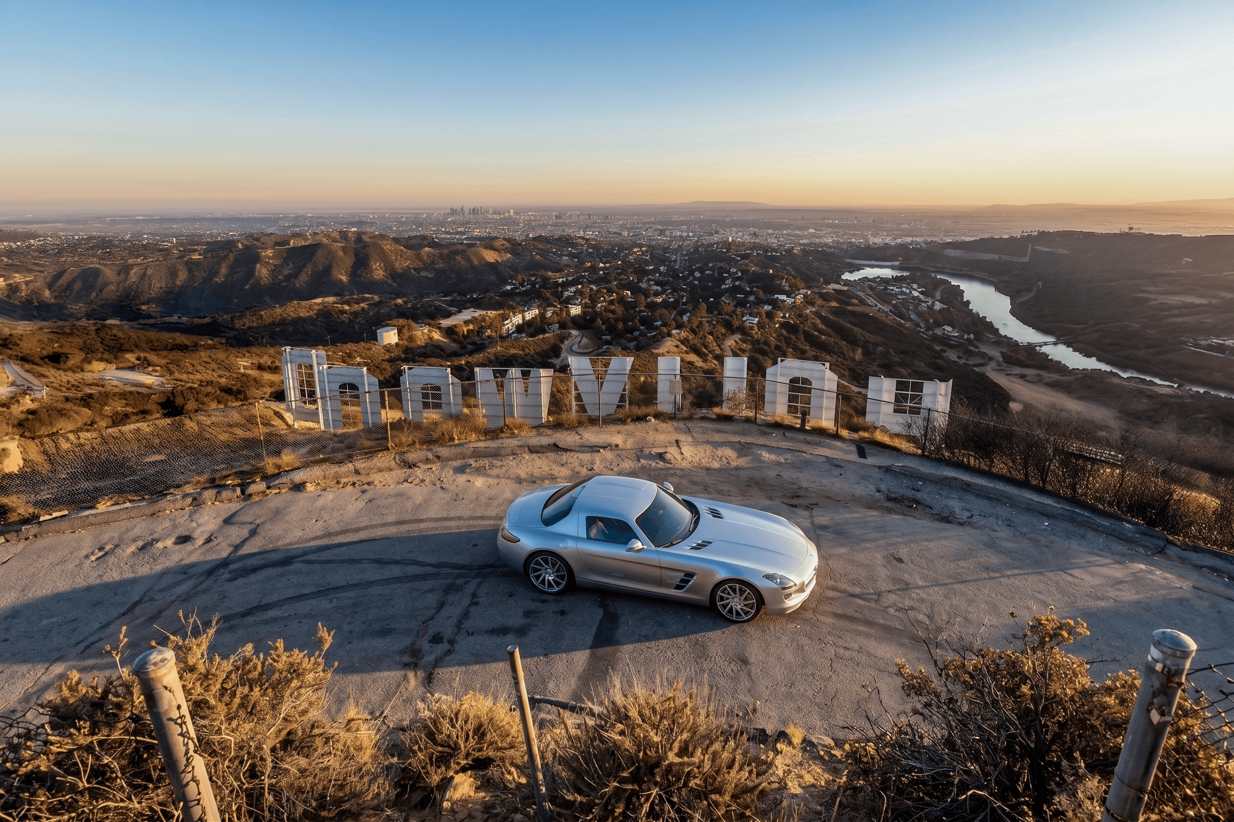 INOVIT — atmospheric shot of an SLS AMG behind the Hollywood sign at sunset